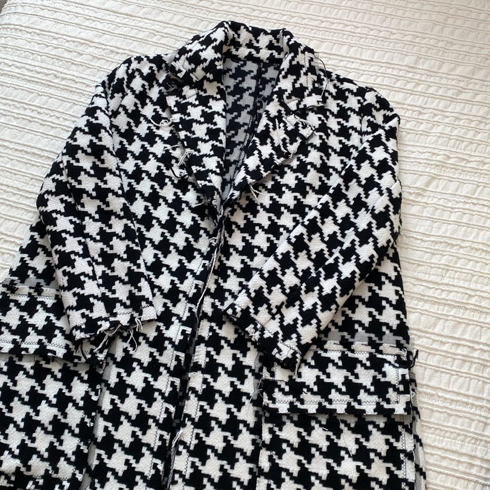 Unique Raw Hem Houndstooth Custom Chanel Style Long Pea Coat